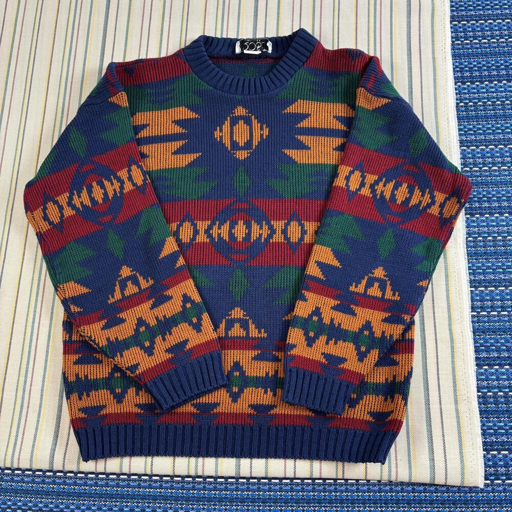 Vintage ROSE Sweater Mens Medium Navy Blue Aztec Knit Pullover USA 90s EC